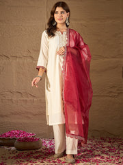 Off-White Embroidered Kurta Set with Red Organza Dupatta – Elegant Festive & Ethnic Wear for Women