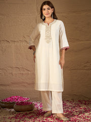 Off-White Embroidered Kurta Set with Red Organza Dupatta – Elegant Festive & Ethnic Wear for Women