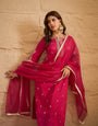 Rani Pink Embroidered Kurta Set with Organza Dupatta for Women | Festive Ethnic Wear