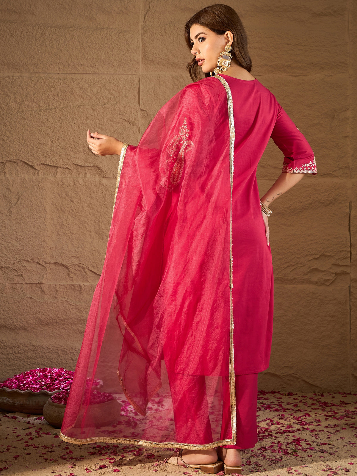 Rani Pink Embroidered Kurta Set with Organza Dupatta for Women | Festive Ethnic Wear