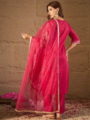 Rani Pink Embroidered Kurta Set with Organza Dupatta for Women | Festive Ethnic Wear