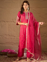 Rani Pink Embroidered Kurta Set with Organza Dupatta for Women | Festive Ethnic Wear