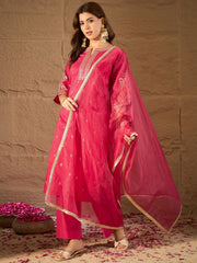 Rani Pink Embroidered Kurta Set with Organza Dupatta for Women | Festive Ethnic Wear