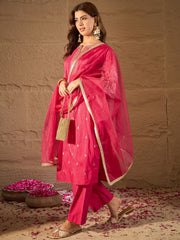 Rani Pink Embroidered Kurta Set with Organza Dupatta for Women | Festive Ethnic Wear