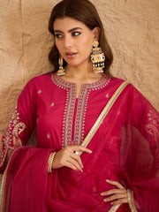 Rani Pink Embroidered Kurta Set with Organza Dupatta for Women | Festive Ethnic Wear