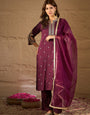 Wine Embroidered Kurta Set with Organza Dupatta for Women | Festive & Wedding Ethnic Wear