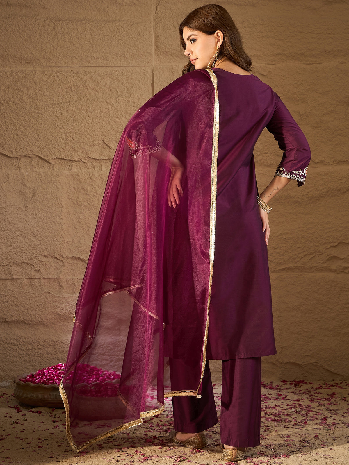 Wine Embroidered Kurta Set with Organza Dupatta for Women | Festive & Wedding Ethnic Wear