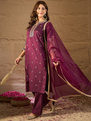 Wine Embroidered Kurta Set with Organza Dupatta for Women | Festive & Wedding Ethnic Wear