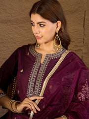 Wine Embroidered Kurta Set with Organza Dupatta for Women | Festive & Wedding Ethnic Wear