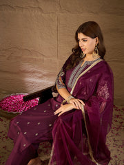 Wine Embroidered Kurta Set with Organza Dupatta for Women | Festive & Wedding Ethnic Wear