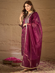 Wine Embroidered Kurta Set with Organza Dupatta for Women | Festive & Wedding Ethnic Wear