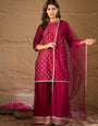 Rani Pink Embroidered Kurta Palazzo Set with Organza Dupatta | Festive Ethnic Wear for Women