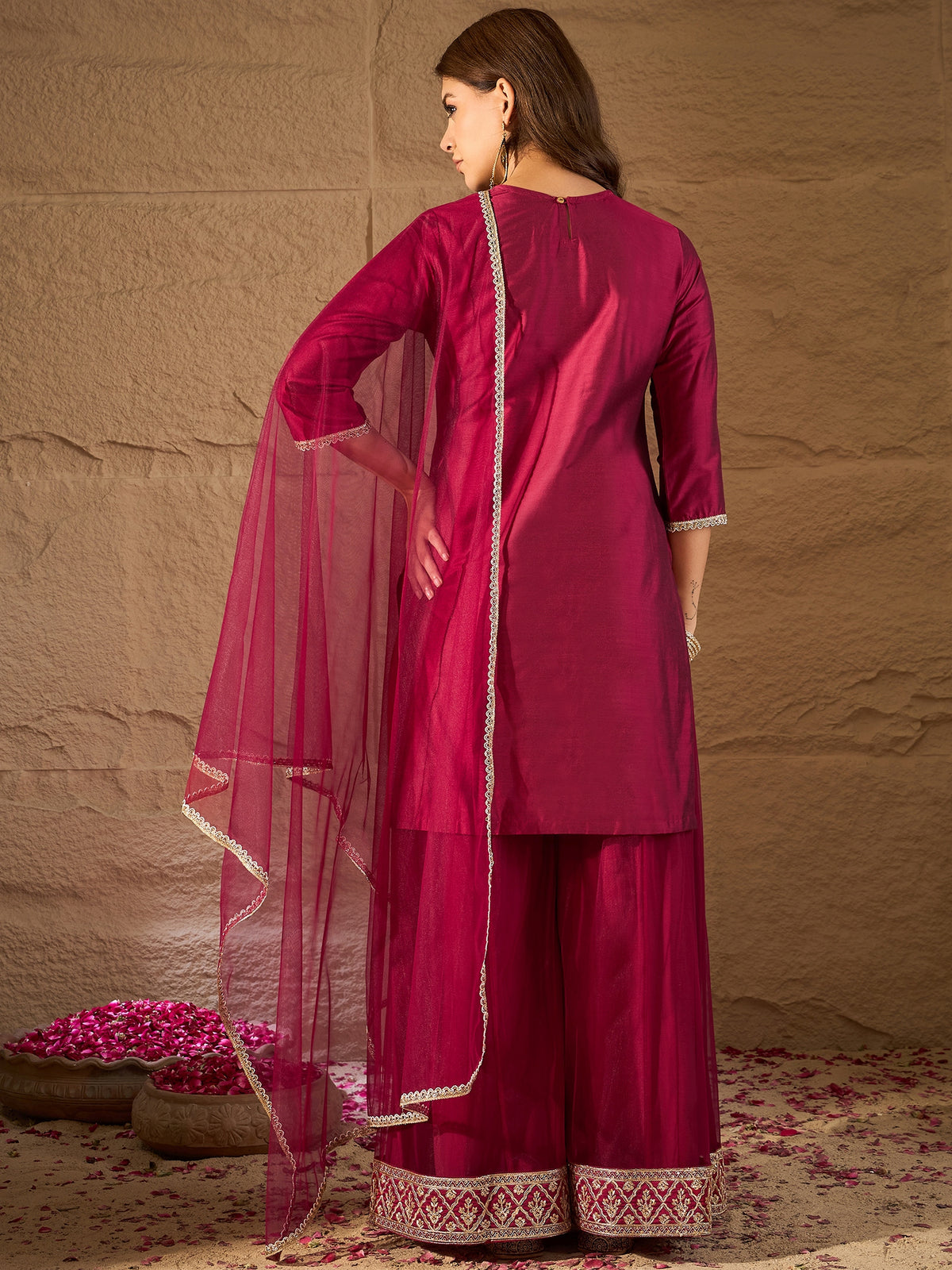 Rani Pink Embroidered Kurta Palazzo Set with Organza Dupatta | Festive Ethnic Wear for Women