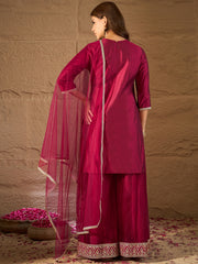Rani Pink Embroidered Kurta Palazzo Set with Organza Dupatta | Festive Ethnic Wear for Women