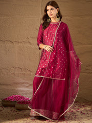 Rani Pink Embroidered Kurta Palazzo Set with Organza Dupatta | Festive Ethnic Wear for Women