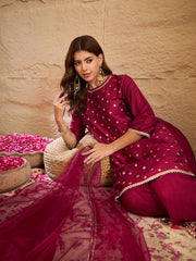 Rani Pink Embroidered Kurta Palazzo Set with Organza Dupatta | Festive Ethnic Wear for Women