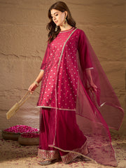 Rani Pink Embroidered Kurta Palazzo Set with Organza Dupatta | Festive Ethnic Wear for Women