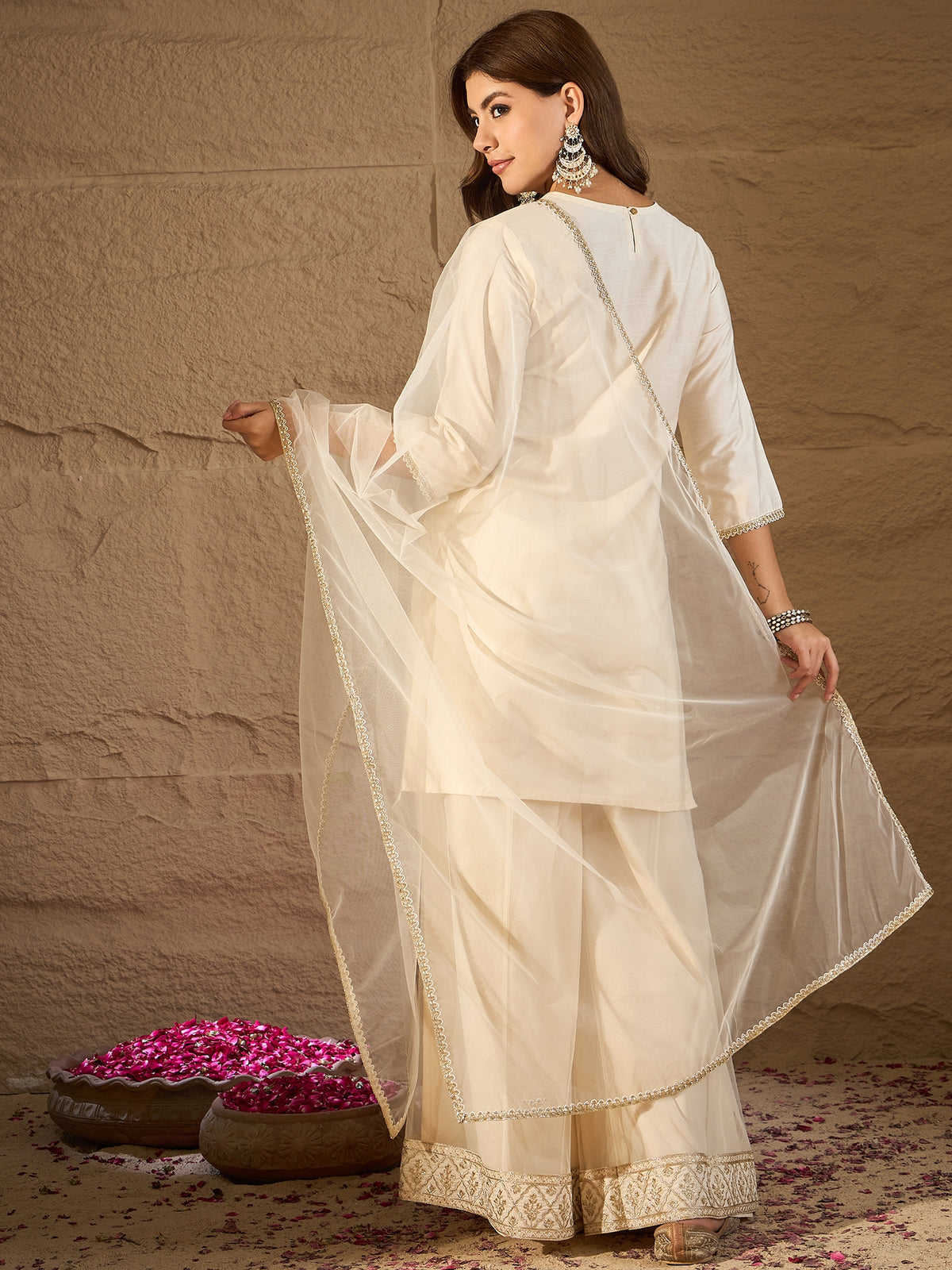 Elegant Off-White Embroidered Kurta Palazzo Set with Organza Dupatta | Festive & Wedding Ethnic Wear for Women