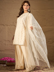 Elegant Off-White Embroidered Kurta Palazzo Set with Organza Dupatta | Festive & Wedding Ethnic Wear for Women