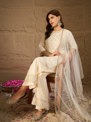 Elegant Off-White Embroidered Kurta Palazzo Set with Organza Dupatta | Festive & Wedding Ethnic Wear for Women
