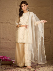 Elegant Off-White Embroidered Kurta Palazzo Set with Organza Dupatta | Festive & Wedding Ethnic Wear for Women