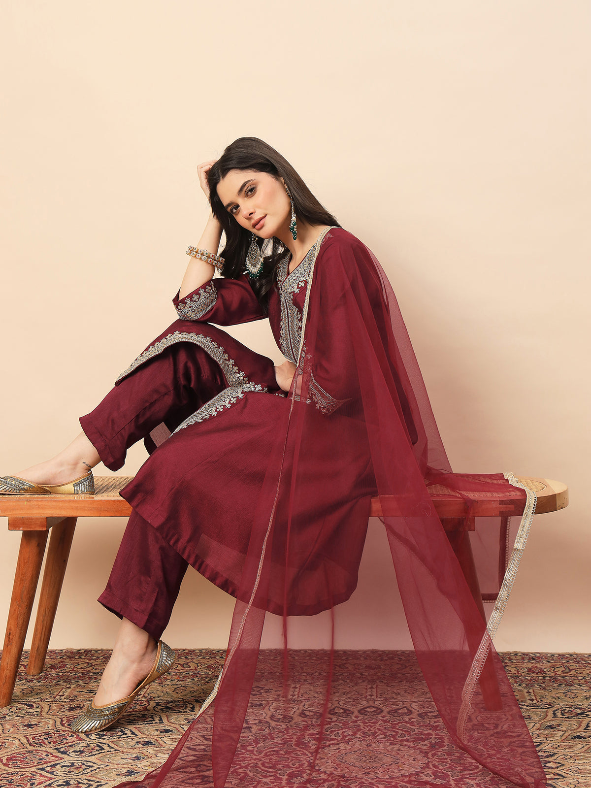 Maroon Embroidered Kurta Set with Dupatta for Women