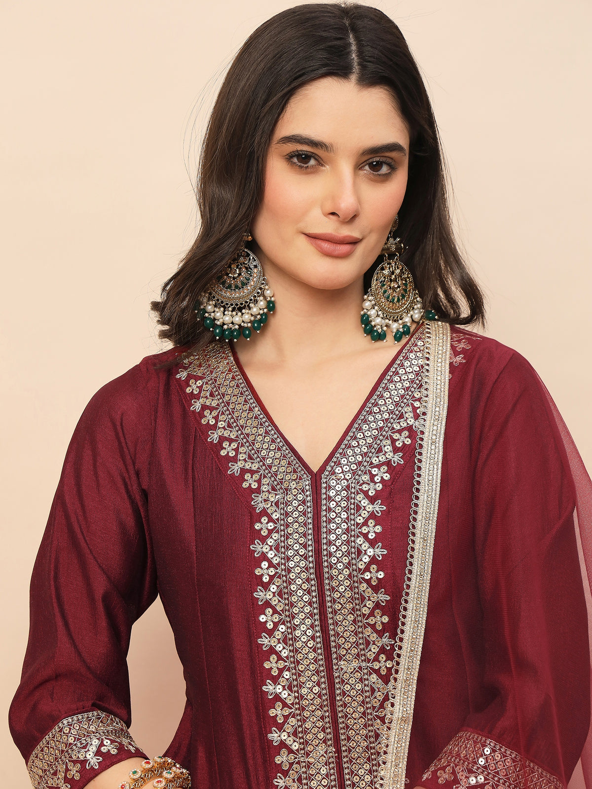 Maroon Embroidered Kurta Set with Dupatta for Women