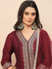 Maroon Embroidered Kurta Set with Dupatta for Women