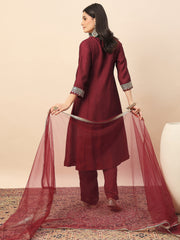 Maroon Embroidered Kurta Set with Dupatta for Women