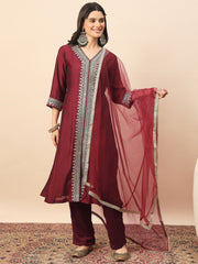 Maroon Embroidered Kurta Set with Dupatta for Women