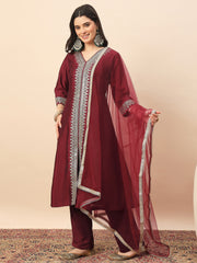 Maroon Embroidered Kurta Set with Dupatta for Women