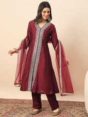 Maroon Embroidered Kurta Set with Dupatta for Women