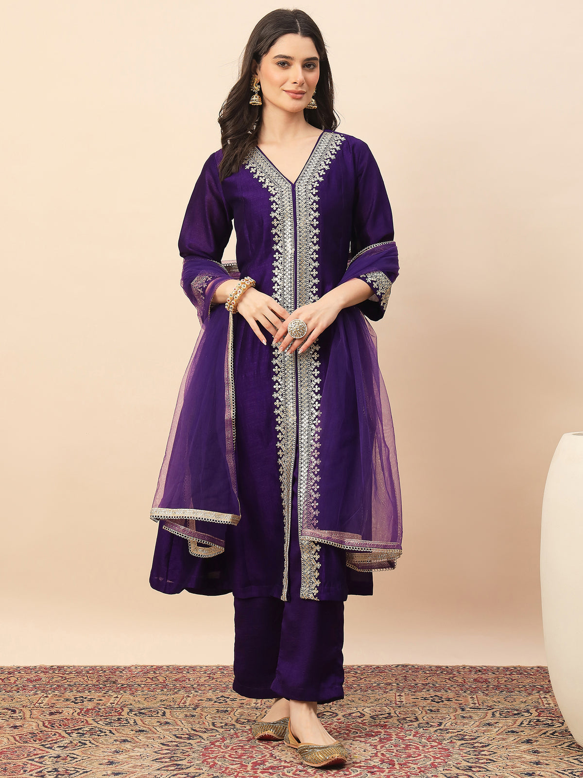 Royal Purple Embroidered Kurta Set with Dupatta for Women