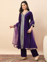 Royal Purple Embroidered Kurta Set with Dupatta for Women
