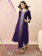 Royal Purple Embroidered Kurta Set with Dupatta for Women