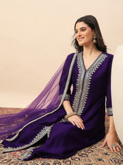 Royal Purple Embroidered Kurta Set with Dupatta for Women