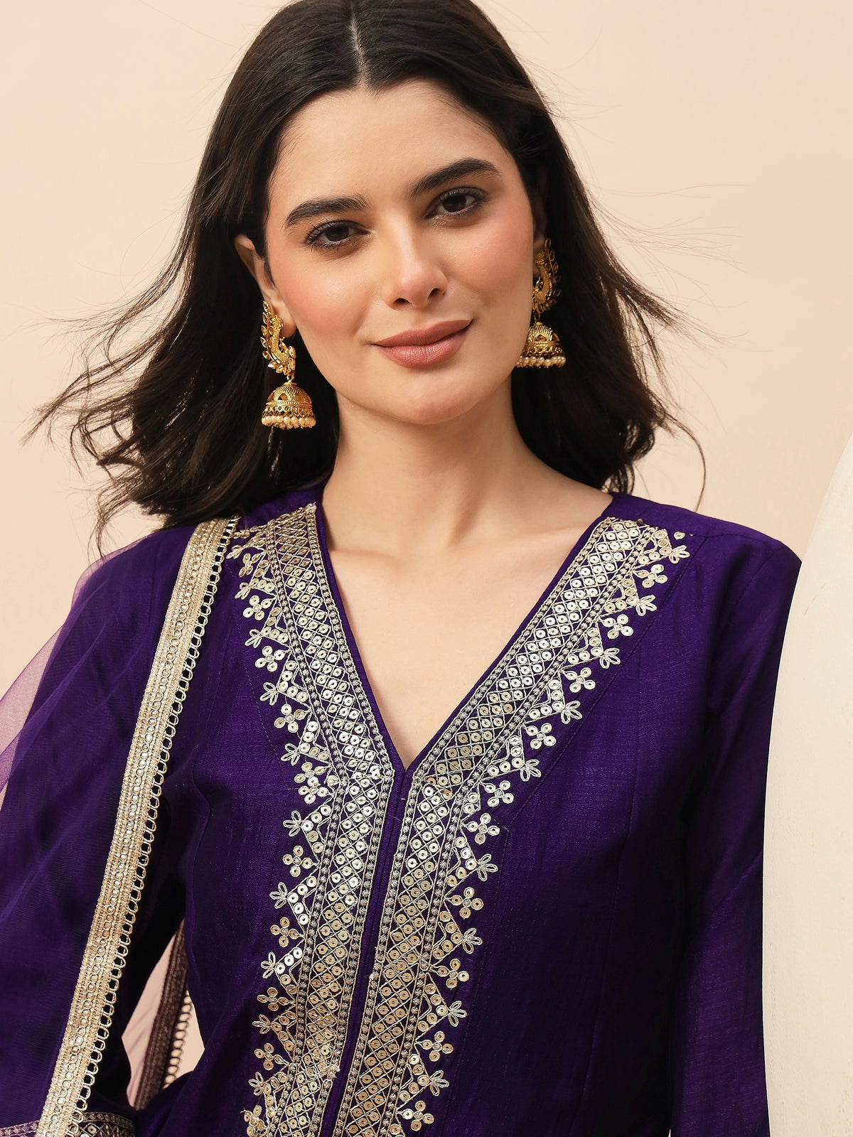 Royal Purple Embroidered Kurta Set with Dupatta for Women