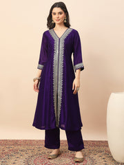 Royal Purple Embroidered Kurta Set with Dupatta for Women