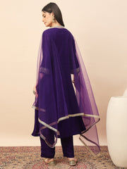 Royal Purple Embroidered Kurta Set with Dupatta for Women