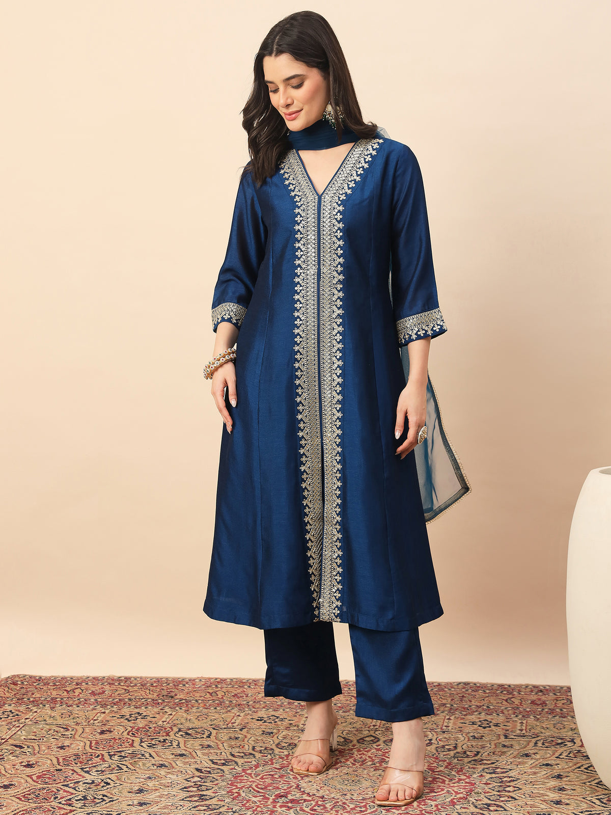 Rama Blue Embroidered Kurta Set with Dupatta for Women