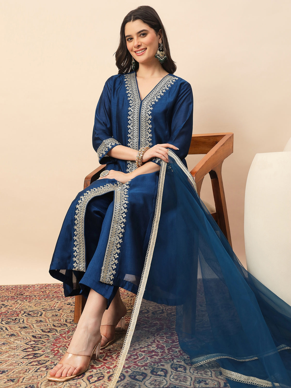 Rama Blue Embroidered Kurta Set with Dupatta for Women