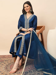 Rama Blue Embroidered Kurta Set with Dupatta for Women