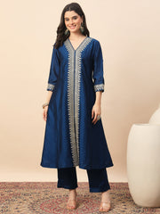 Rama Blue Embroidered Kurta Set with Dupatta for Women