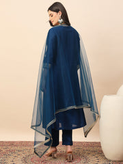 Rama Blue Embroidered Kurta Set with Dupatta for Women
