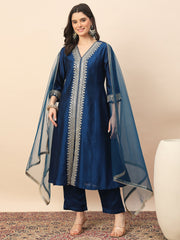 Rama Blue Embroidered Kurta Set with Dupatta for Women