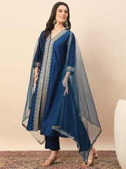 Rama Blue Embroidered Kurta Set with Dupatta for Women
