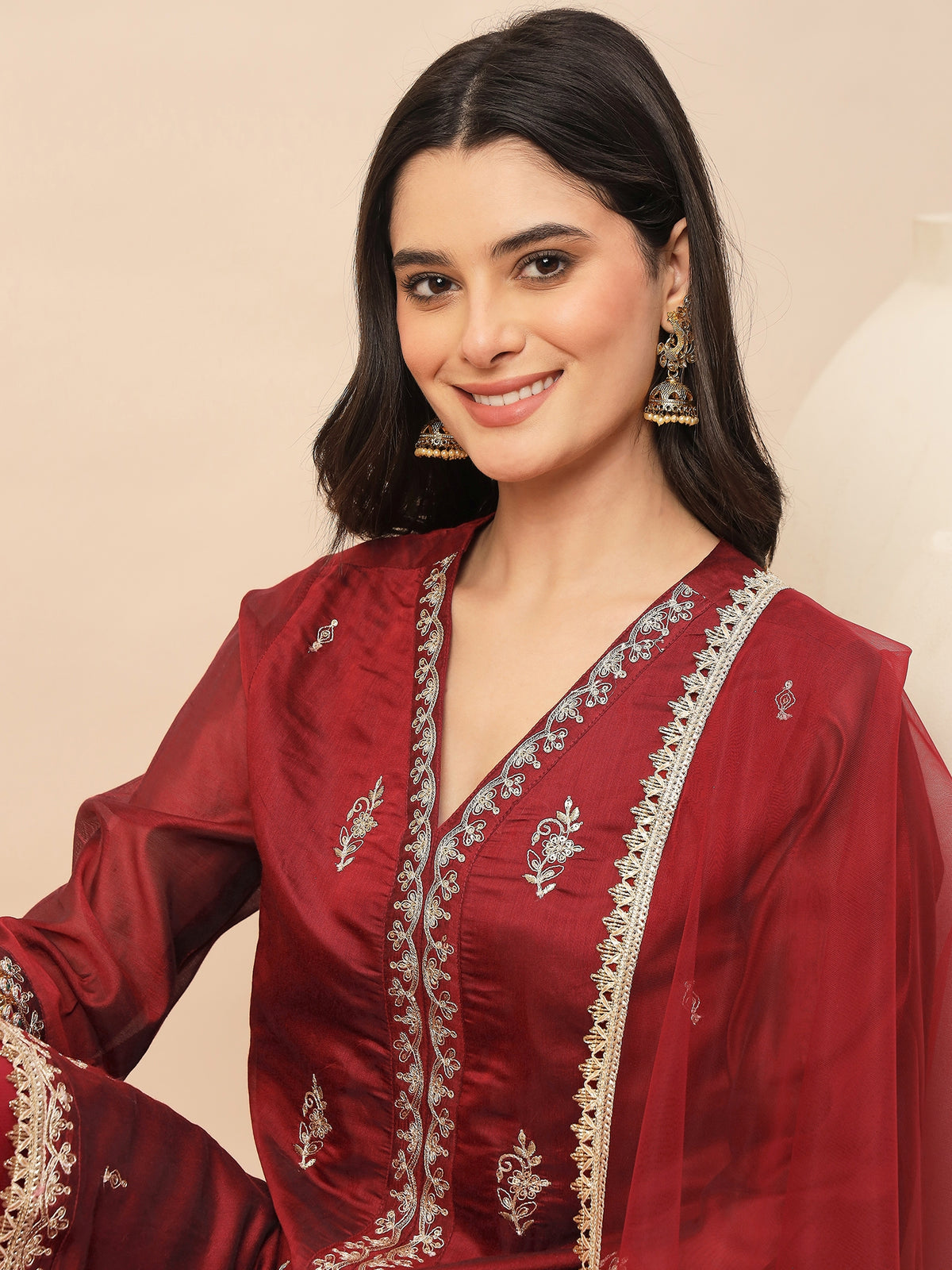 Maroon Embroidered Kurta Palazzo Set with Organza Dupatta for Women