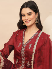 Maroon Embroidered Kurta Palazzo Set with Organza Dupatta for Women