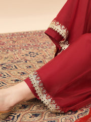 Maroon Embroidered Kurta Palazzo Set with Organza Dupatta for Women