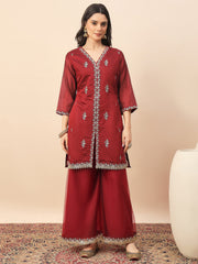 Maroon Embroidered Kurta Palazzo Set with Organza Dupatta for Women